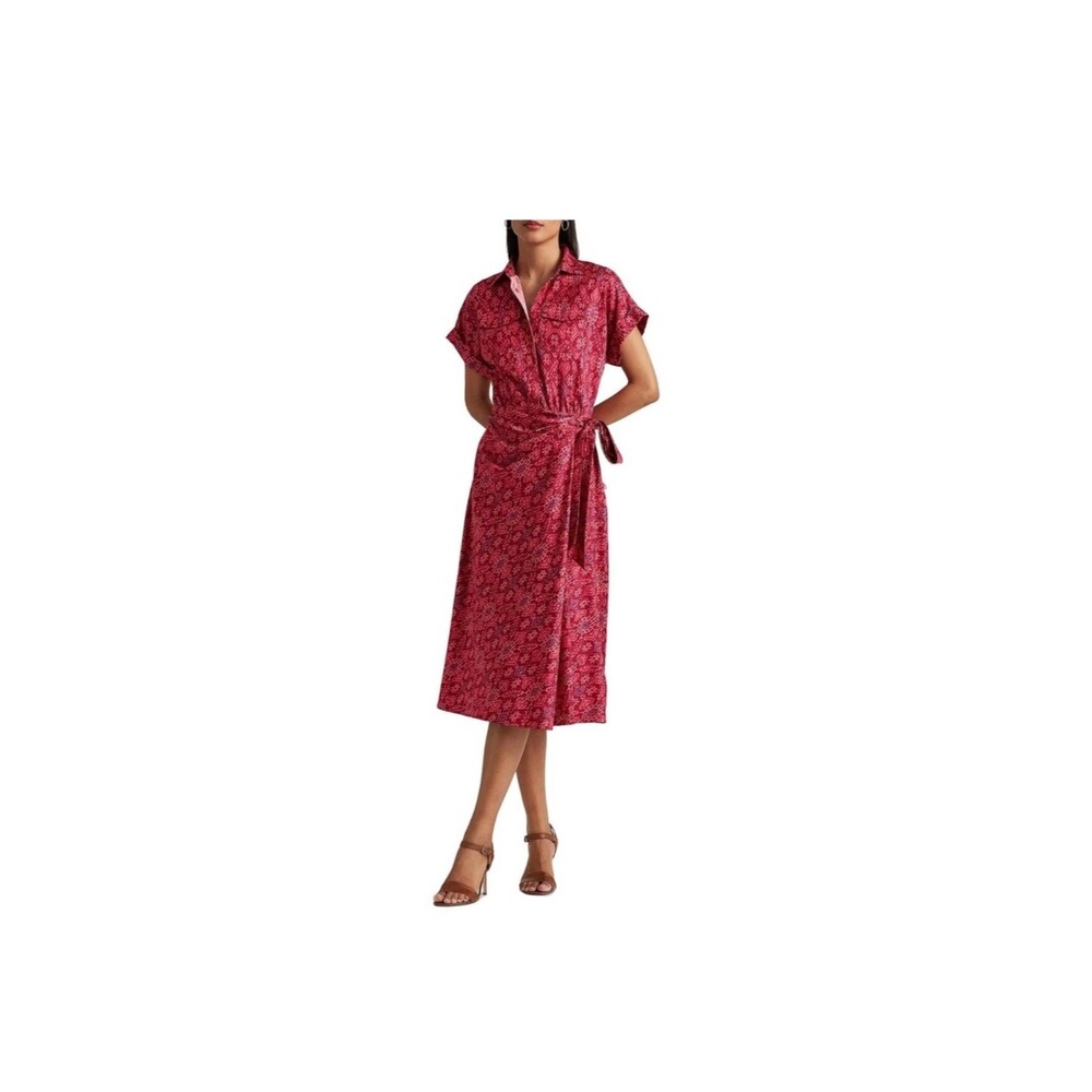 Lauren Ralph Lauren Womens Midi Dress Sz 12 Fuchsia Geo-Print Shantung Tie-Waist